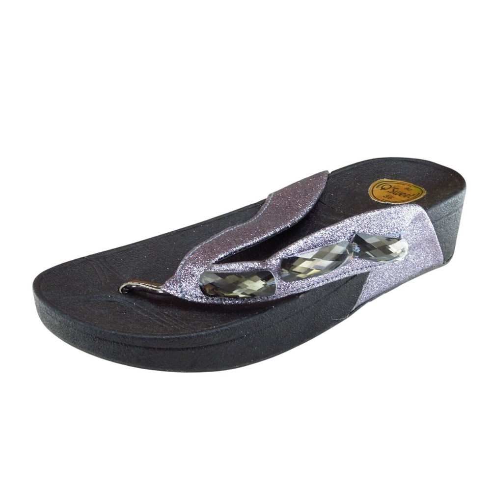 Q'Sweet Women Size 36 M Purple Wedge‎ Sandals Flip Flop Glitter Comfort Slides